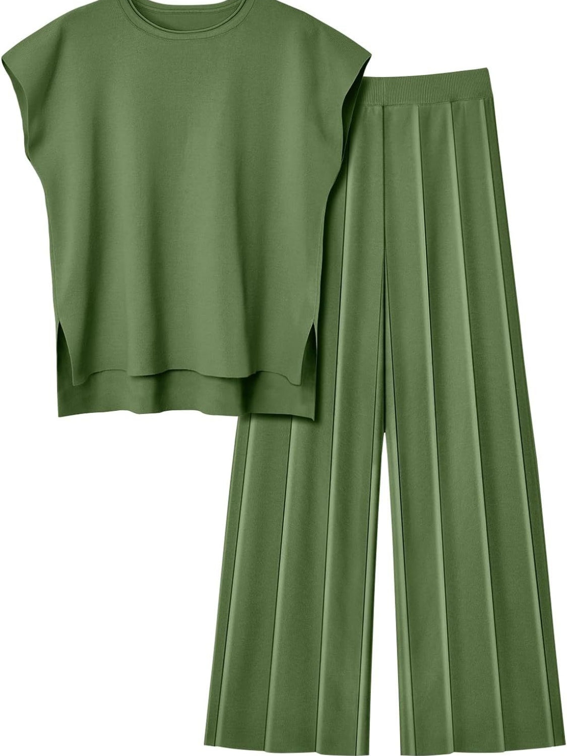 ROUND NECK CAP SLEEVE TOP AND PANTS KNIT SET