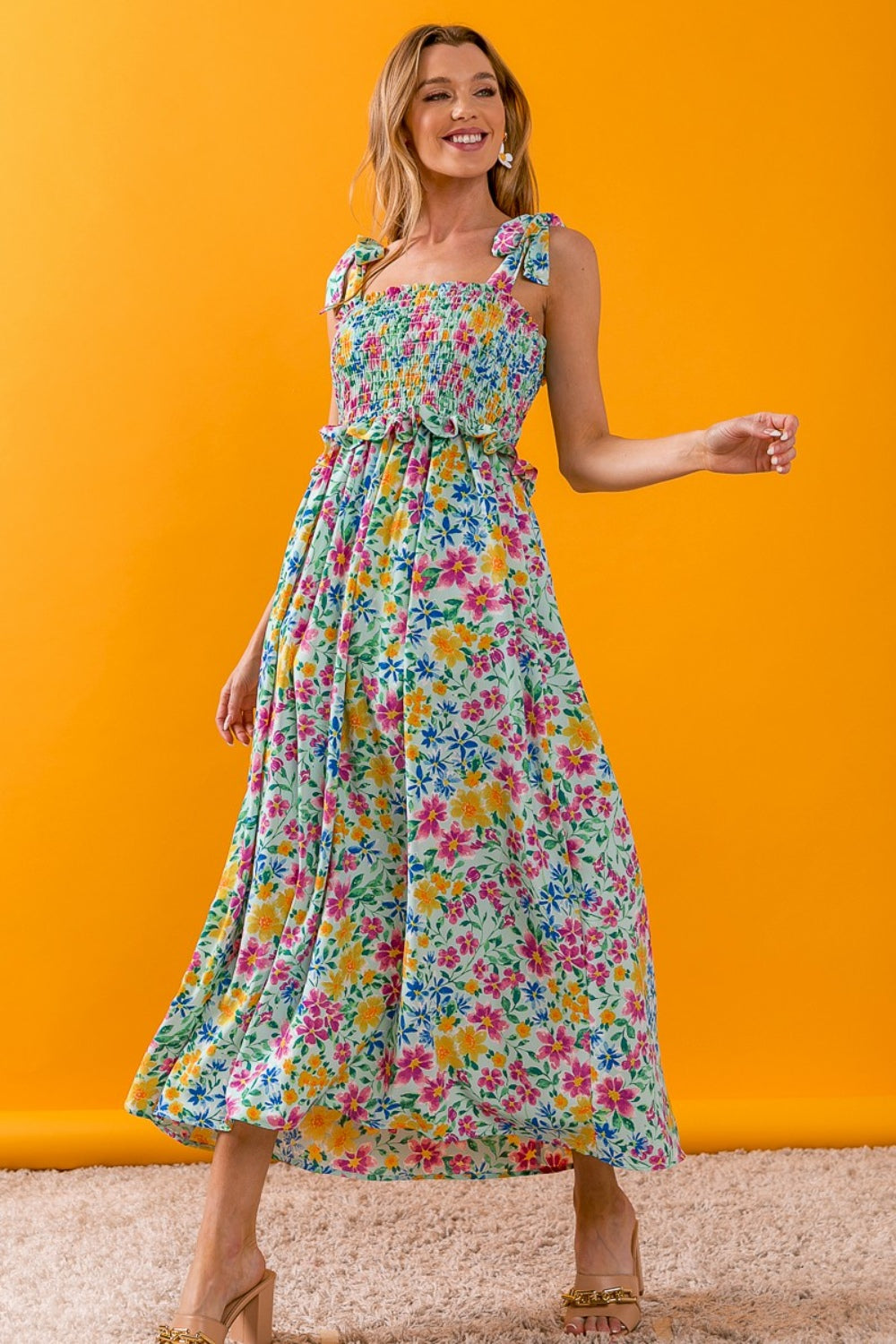 BIBI FLORAL RUFFLE TRIM SMOCKED CAMI DRESS