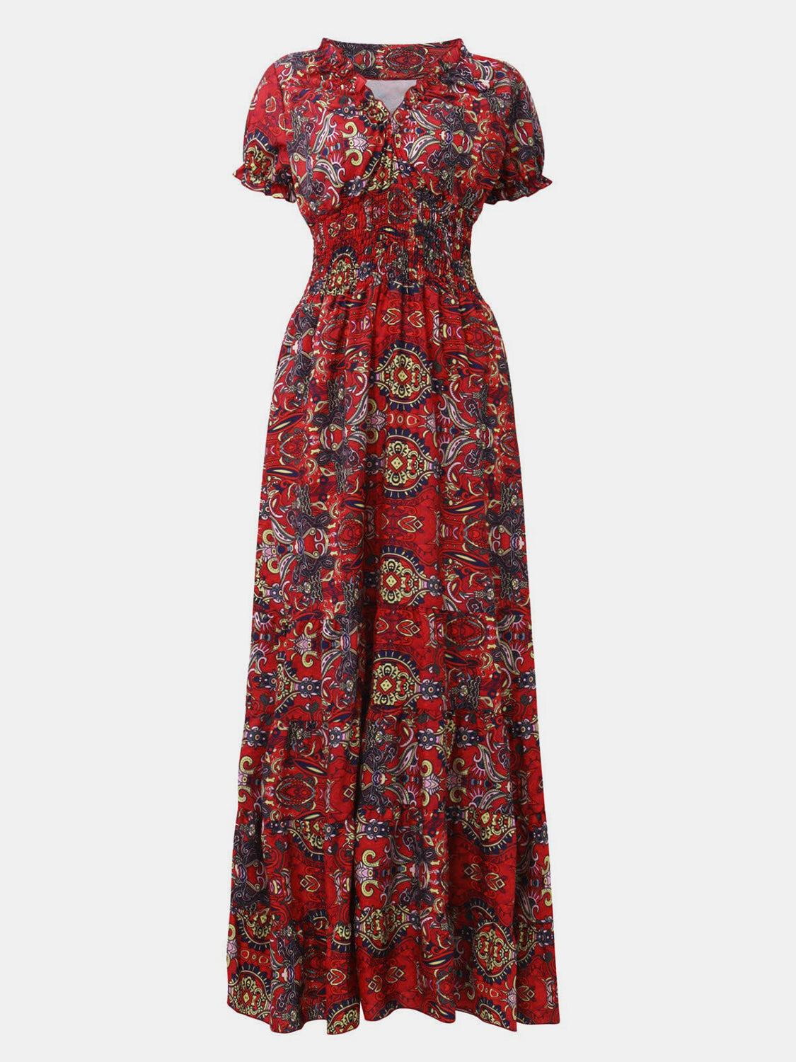 SMOCKED PRINTED V-NECK SHORT SLEEVE DRESS