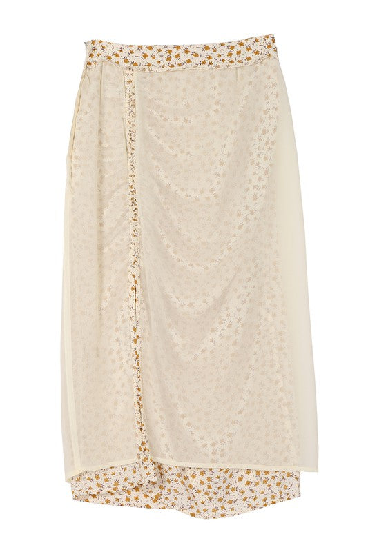RUCHED MIDI PRINT SKIRT