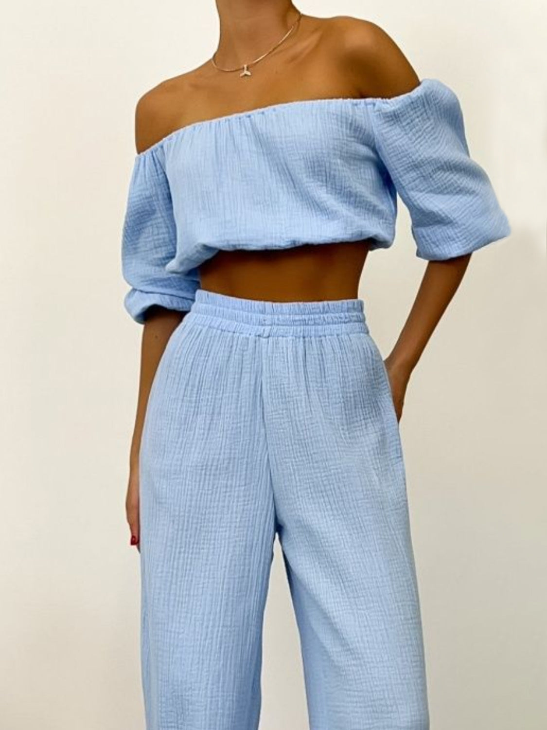 OFF THE SHOULDER LONG SLEEVE TOP AND PANTS SET