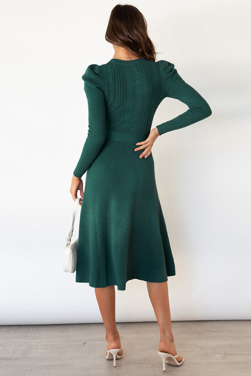 ROUND NECK LONG SLEEVE TIE WAIST SWEATER DRESS