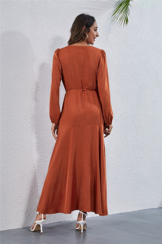 V NECK LONG SLEEVE MAXI DRESS
