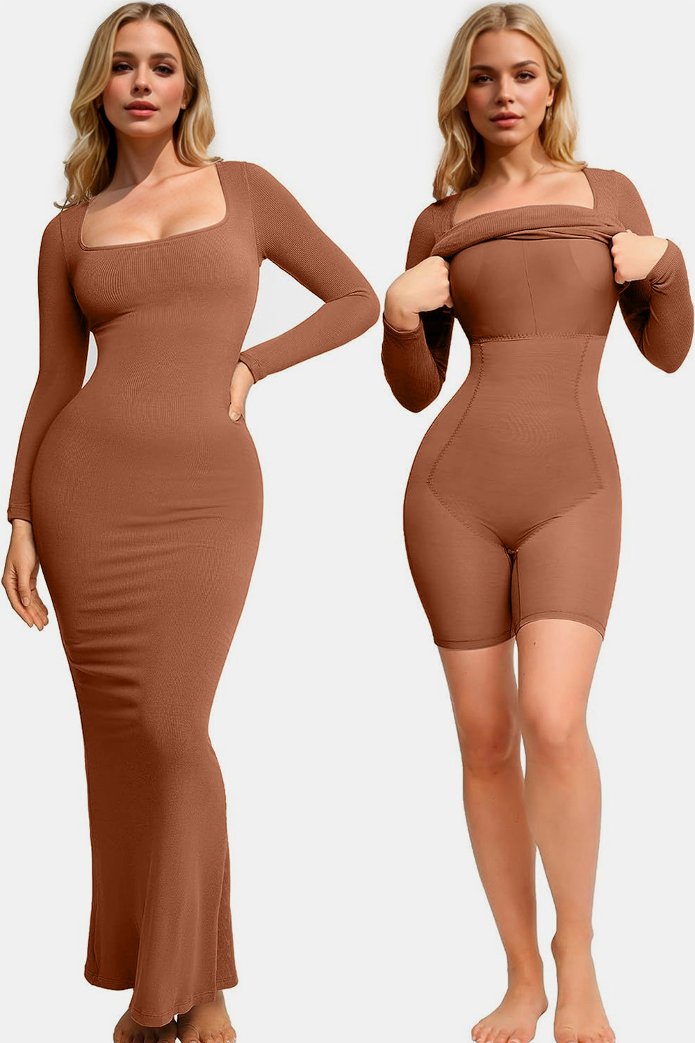 BASIC BAE BUILT-IN Shapewear SQUARE NECK LONG SLEEVE MAXI DRESS