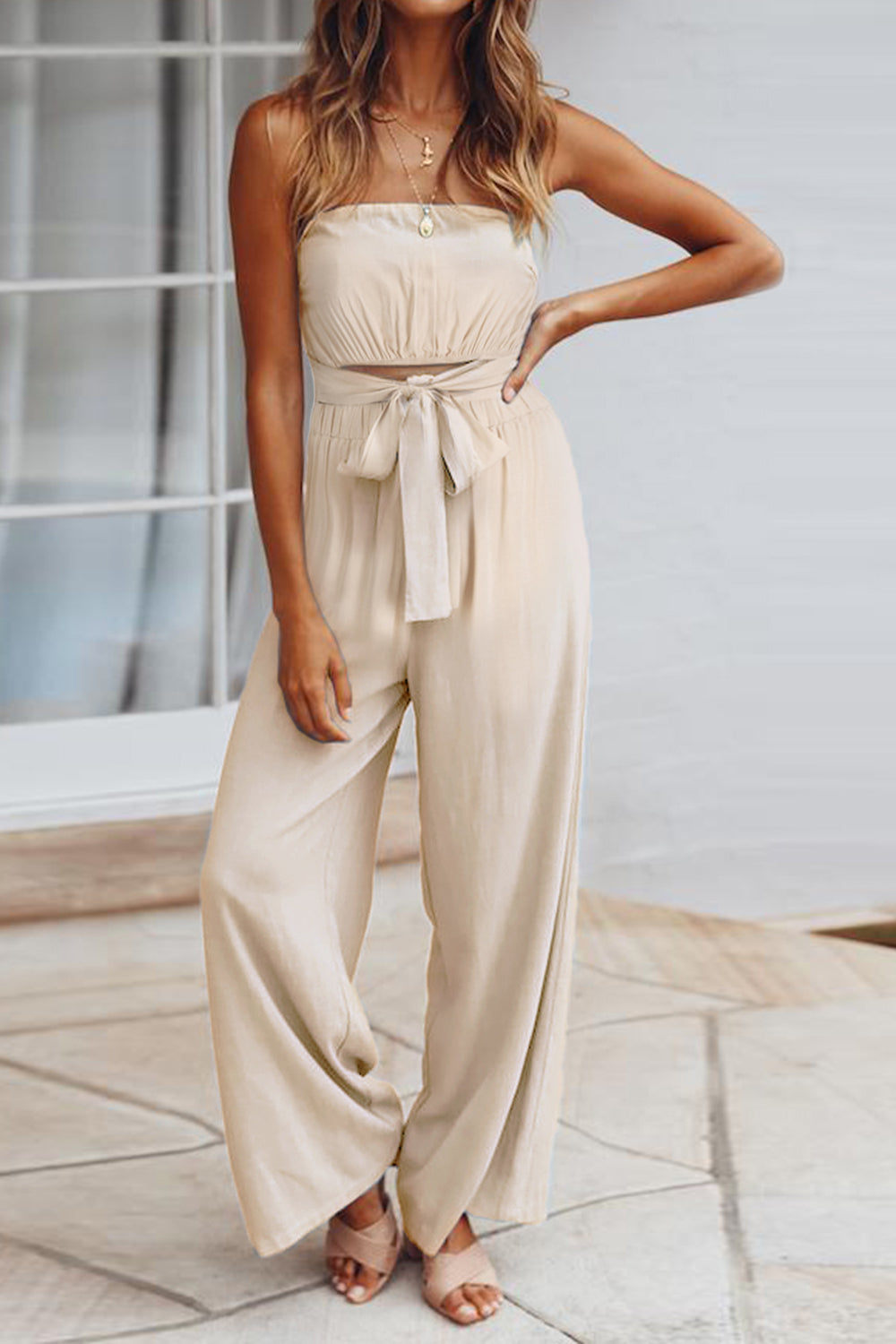 TIE FRONT CUTOUT TUBE WIDE LEG JUMPSUIT