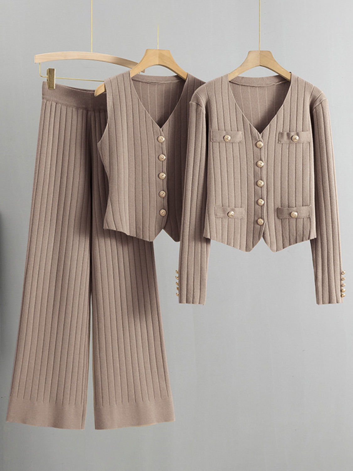 THREE PIECE VEST CARDIGAN AND PANTS SET