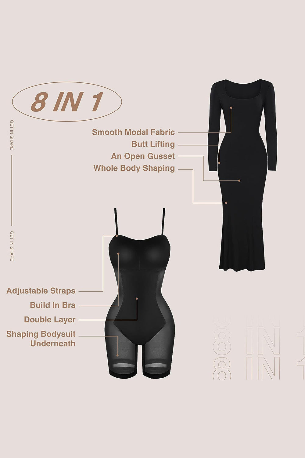 BASIC BAE BUILT-IN Shapewear SQUARE NECK LONG SLEEVE MAXI DRESS