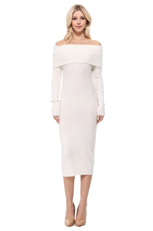 OFF THE SHOULDER LONG SLEEVE SLIM FIT MIDI KNIT DRESS