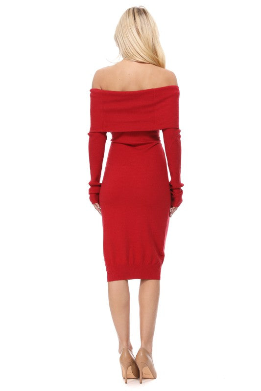 OFF THE SHOULDER LONG SLEEVE SLIM FIT MIDI KNIT DRESS