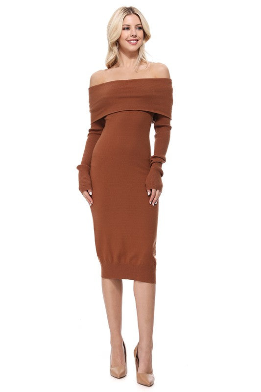 OFF THE SHOULDER LONG SLEEVE SLIM FIT MIDI KNIT DRESS