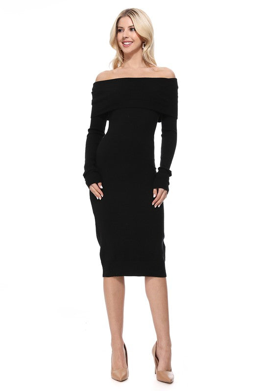 OFF THE SHOULDER LONG SLEEVE SLIM FIT MIDI KNIT DRESS