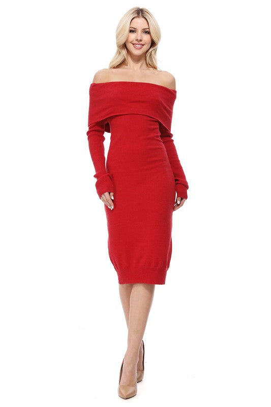 OFF THE SHOULDER LONG SLEEVE SLIM FIT MIDI KNIT DRESS