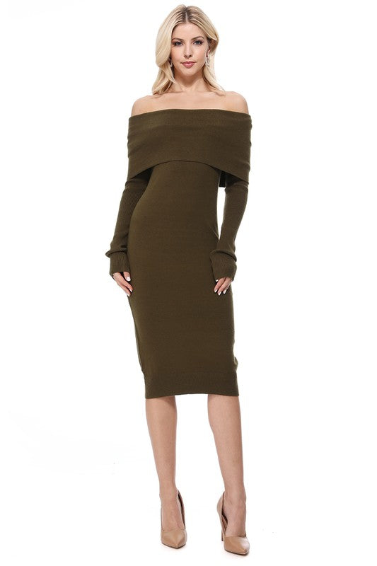 OFF THE SHOULDER LONG SLEEVE SLIM FIT MIDI KNIT DRESS