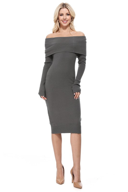 OFF THE SHOULDER LONG SLEEVE SLIM FIT MIDI KNIT DRESS