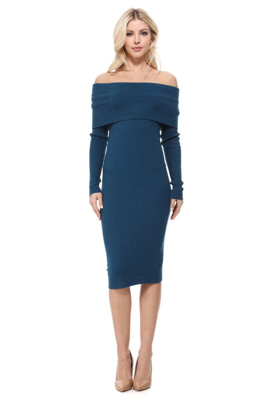 OFF THE SHOULDER LONG SLEEVE SLIM FIT MIDI KNIT DRESS