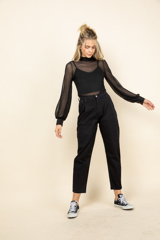 MESH BUBBLE LONG SLEEVE MOCK NECK TOP