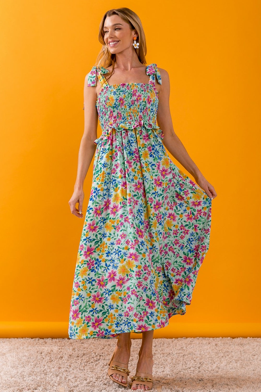 BIBI FLORAL RUFFLE TRIM SMOCKED CAMI DRESS
