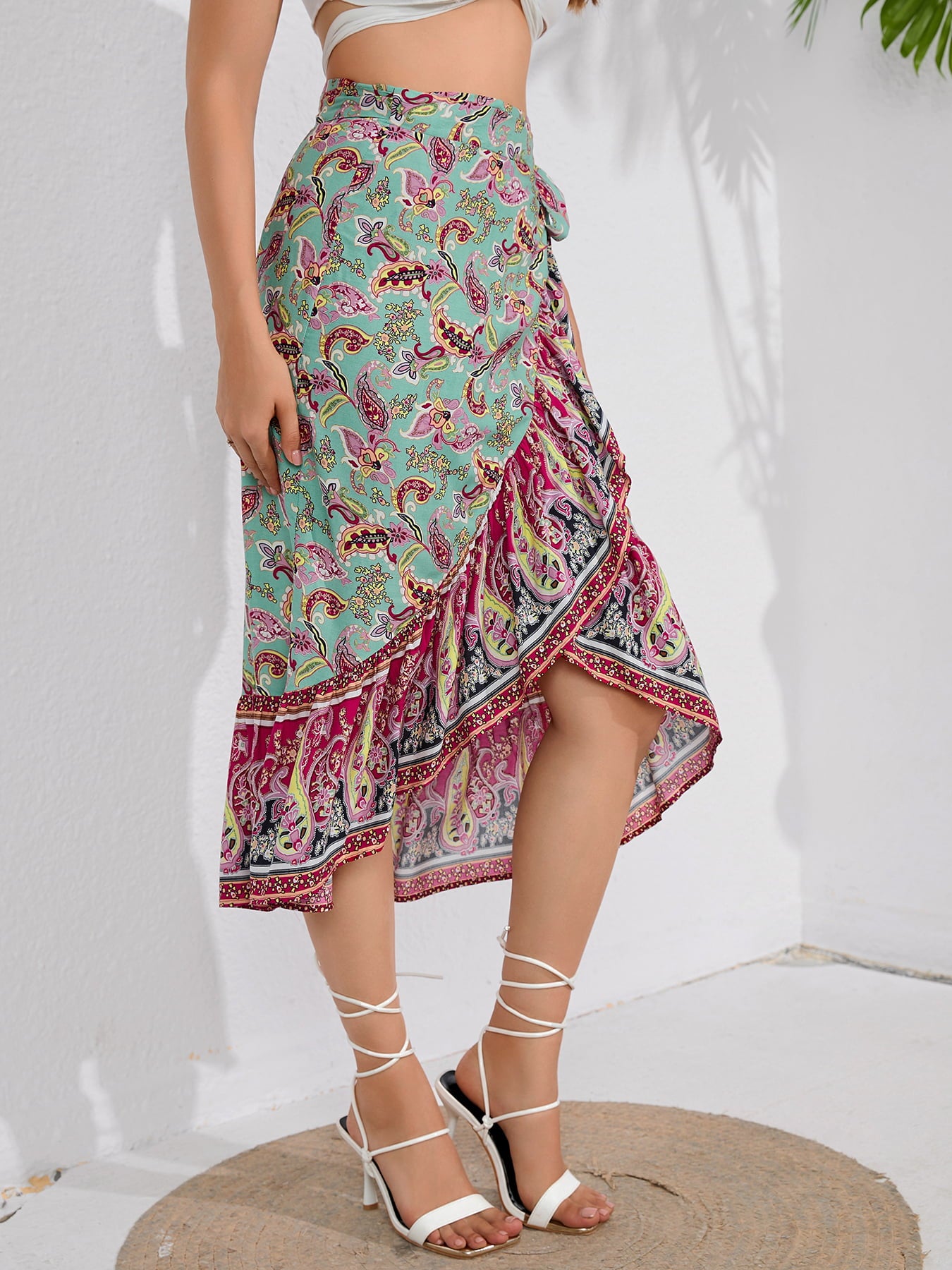 TIE WAISTBAND FLOUNCE HEM MIDI SKIRT