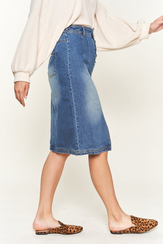 BUTTON DOWN DENIM MIDI SKIRT