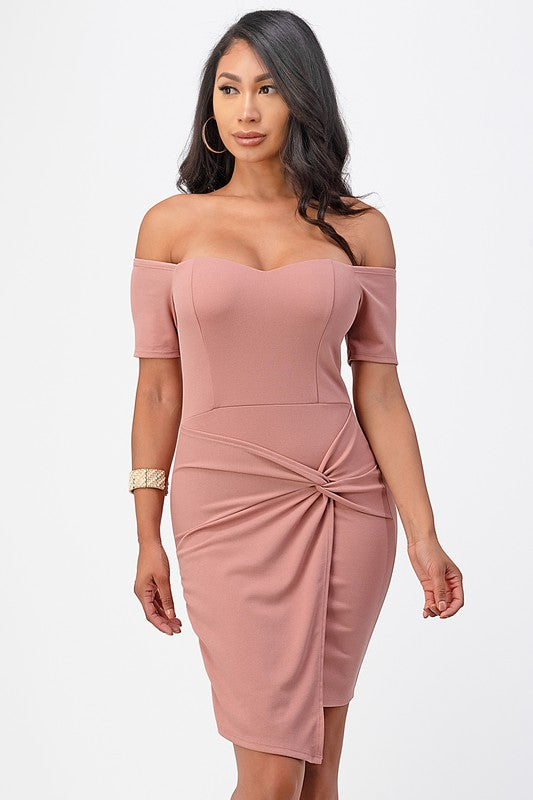 OFF THE SHOULDER FRONT TWIST BODYCON DRESS