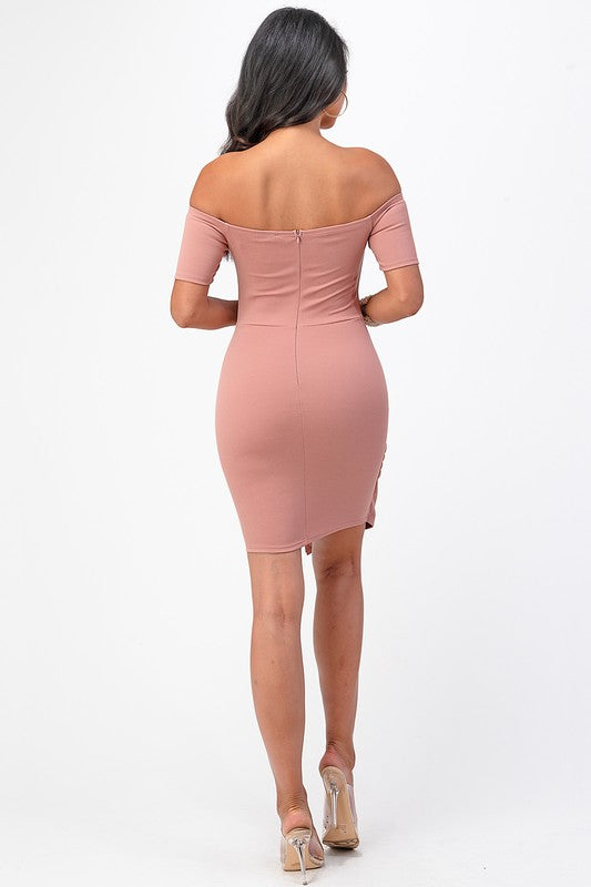 OFF THE SHOULDER FRONT TWIST BODYCON DRESS