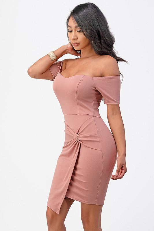 OFF THE SHOULDER FRONT TWIST BODYCON DRESS