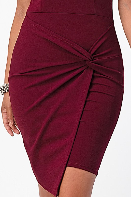 OFF THE SHOULDER FRONT TWIST BODYCON DRESS