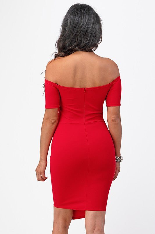 OFF THE SHOULDER FRONT TWIST BODYCON DRESS