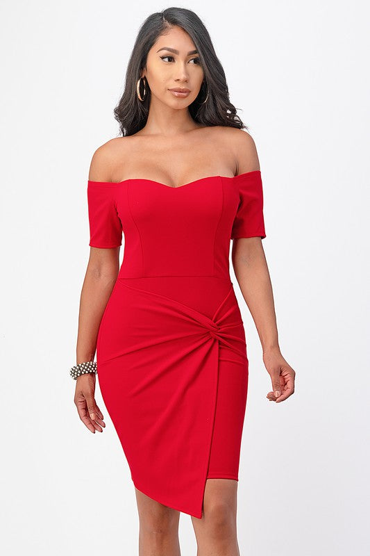 OFF THE SHOULDER FRONT TWIST BODYCON DRESS