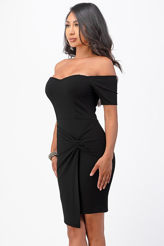 OFF THE SHOULDER FRONT TWIST BODYCON DRESS