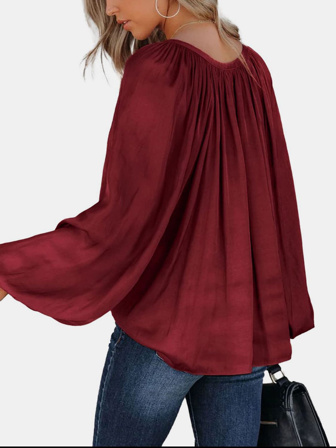 RUCHED TIE NECK BALLOON SLEEVE BLOUSE