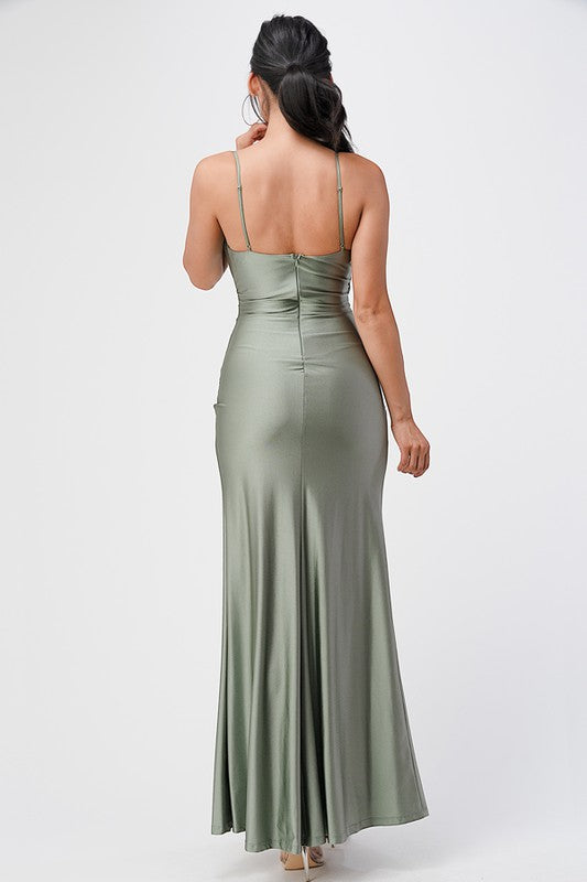 TARA PLEATED SURPLICE GOWN WITH SIDE SLIT