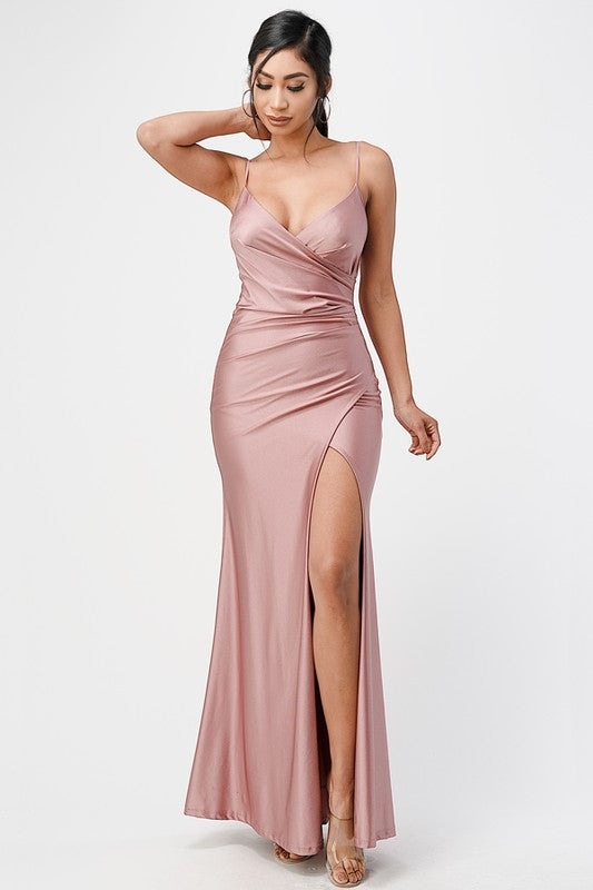 TARA PLEATED SURPLICE GOWN WITH SIDE SLIT