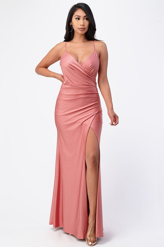 TARA PLEATED SURPLICE GOWN WITH SIDE SLIT
