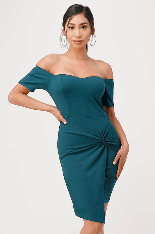 OFF THE SHOULDER FRONT TWIST BODYCON DRESS