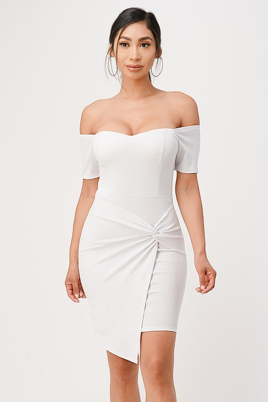 OFF THE SHOULDER FRONT TWIST BODYCON DRESS