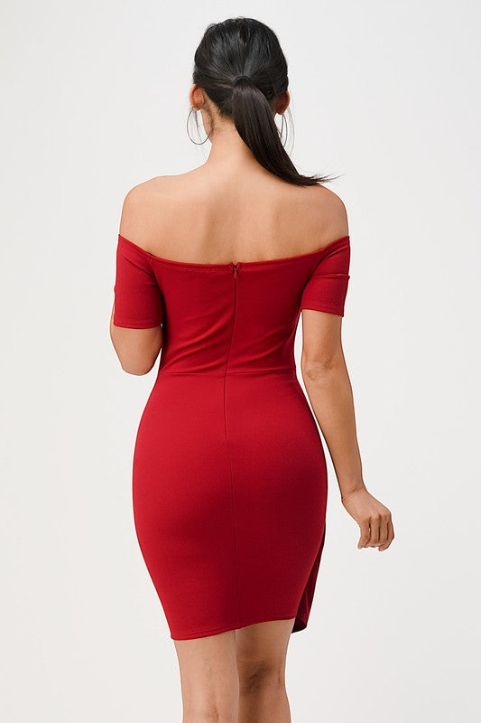 OFF THE SHOULDER FRONT TWIST BODYCON DRESS