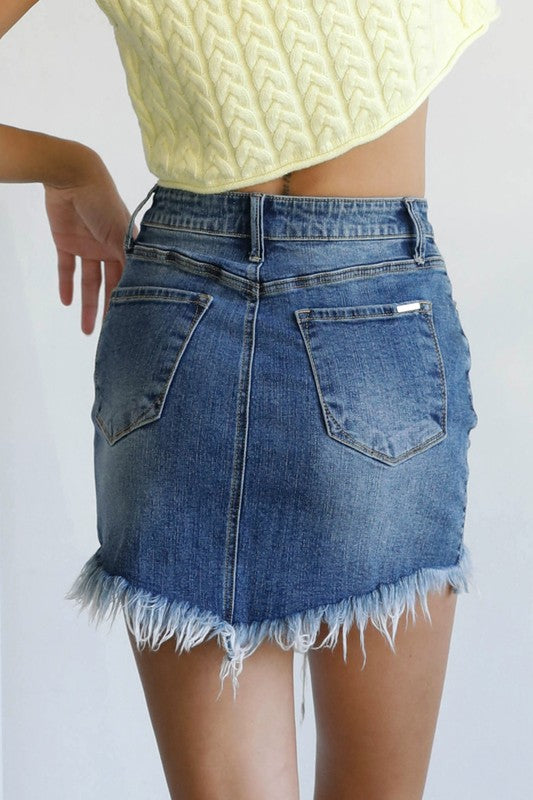 HIGH WAIST FRAYED HEM MINI DENIM SKIRT