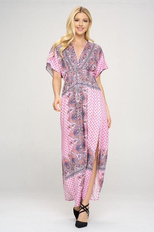 SURPLICE PRINTED MAXI DRESS WITH SIDE SLIT