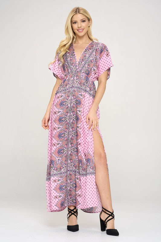 SURPLICE PRINTED MAXI DRESS WITH SIDE SLIT