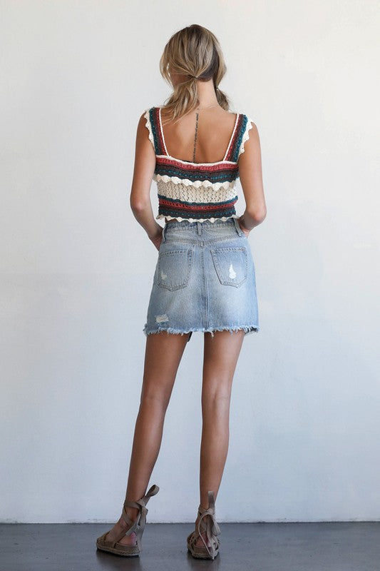 SPLIT MIDDLE RIPPED RAW HEM DENIM SKIRT