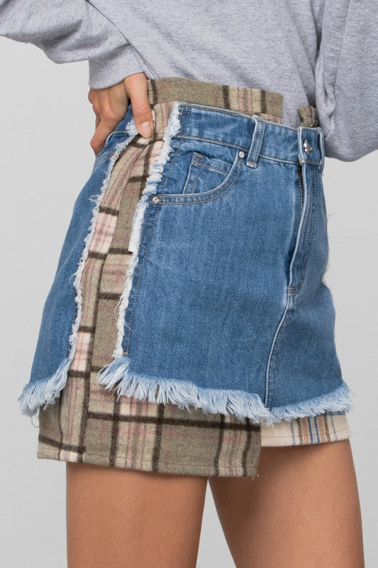 PLAID CHECKER MINI DENIM SKIRT