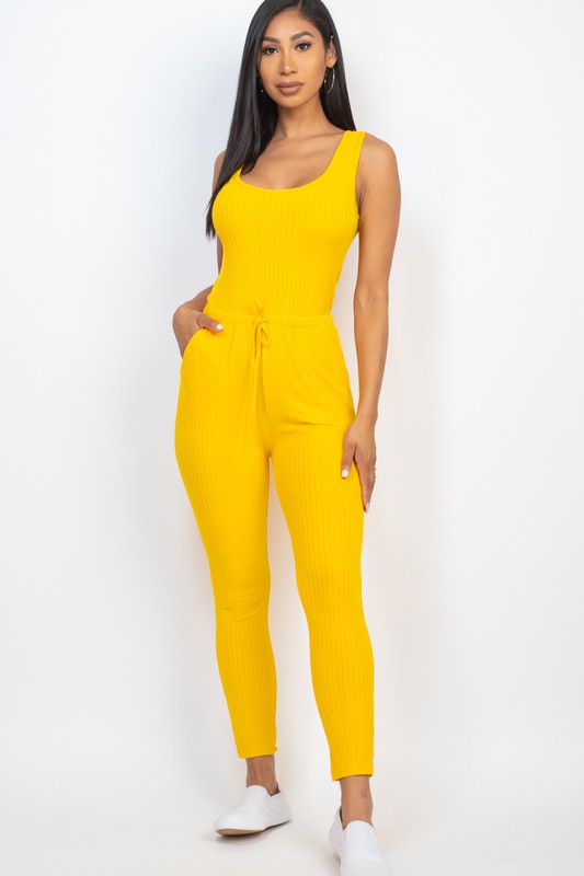 RIBBED SLEEVELESS DRAWSTRING JUMPSUIT