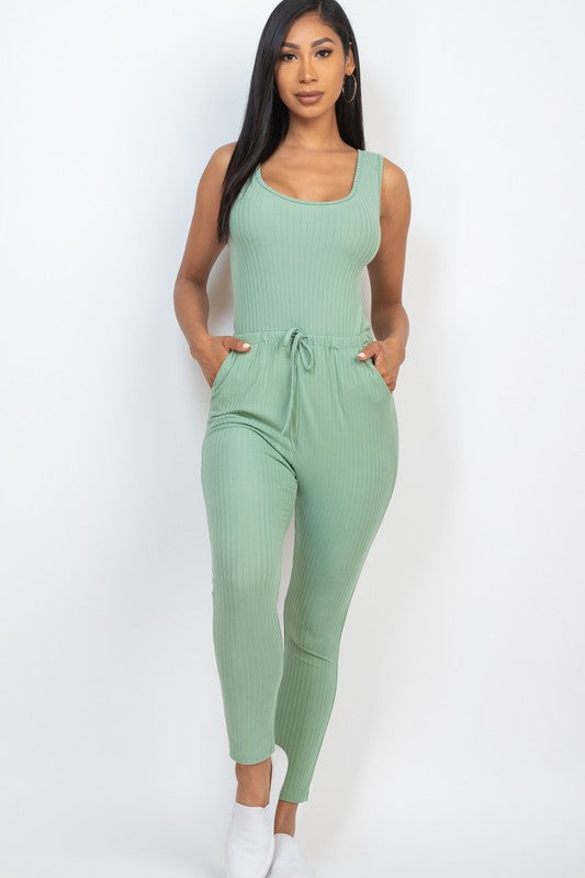 RIBBED SLEEVELESS DRAWSTRING JUMPSUIT