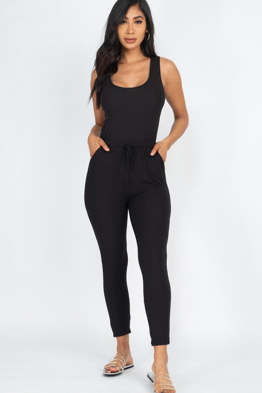 RIBBED SLEEVELESS DRAWSTRING JUMPSUIT