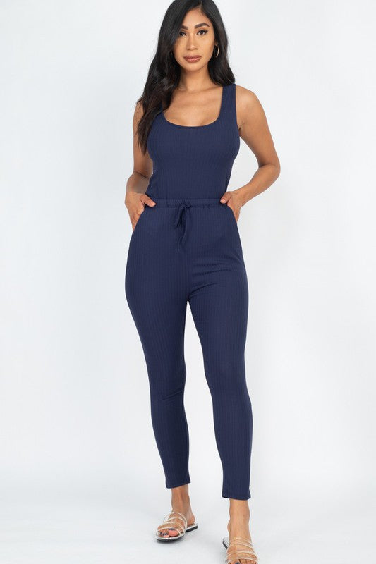 RIBBED SLEEVELESS DRAWSTRING JUMPSUIT