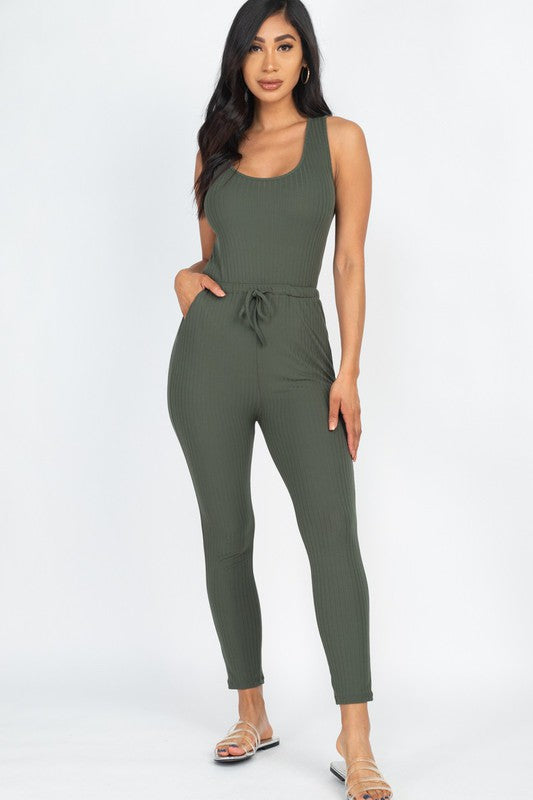 RIBBED SLEEVELESS DRAWSTRING JUMPSUIT