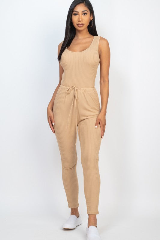 RIBBED SLEEVELESS DRAWSTRING JUMPSUIT