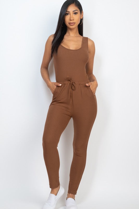 RIBBED SLEEVELESS DRAWSTRING JUMPSUIT