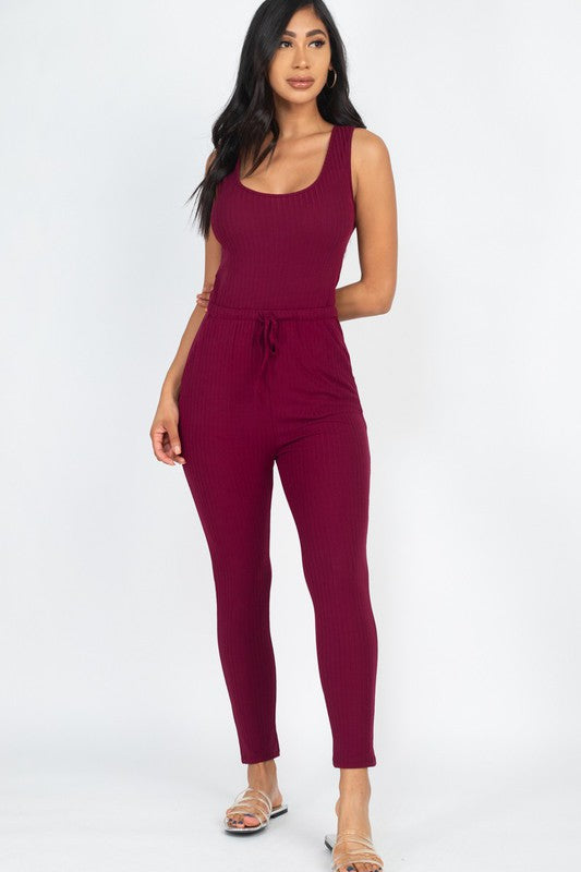 RIBBED SLEEVELESS DRAWSTRING JUMPSUIT